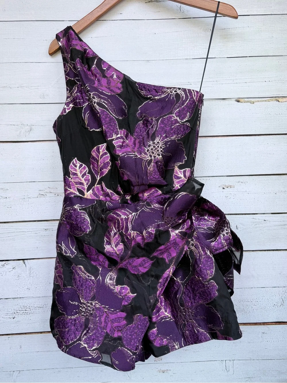 CIEBON Purple Metallic Floral Brocade One Shoulder Romper Bow Dress - Size XS
